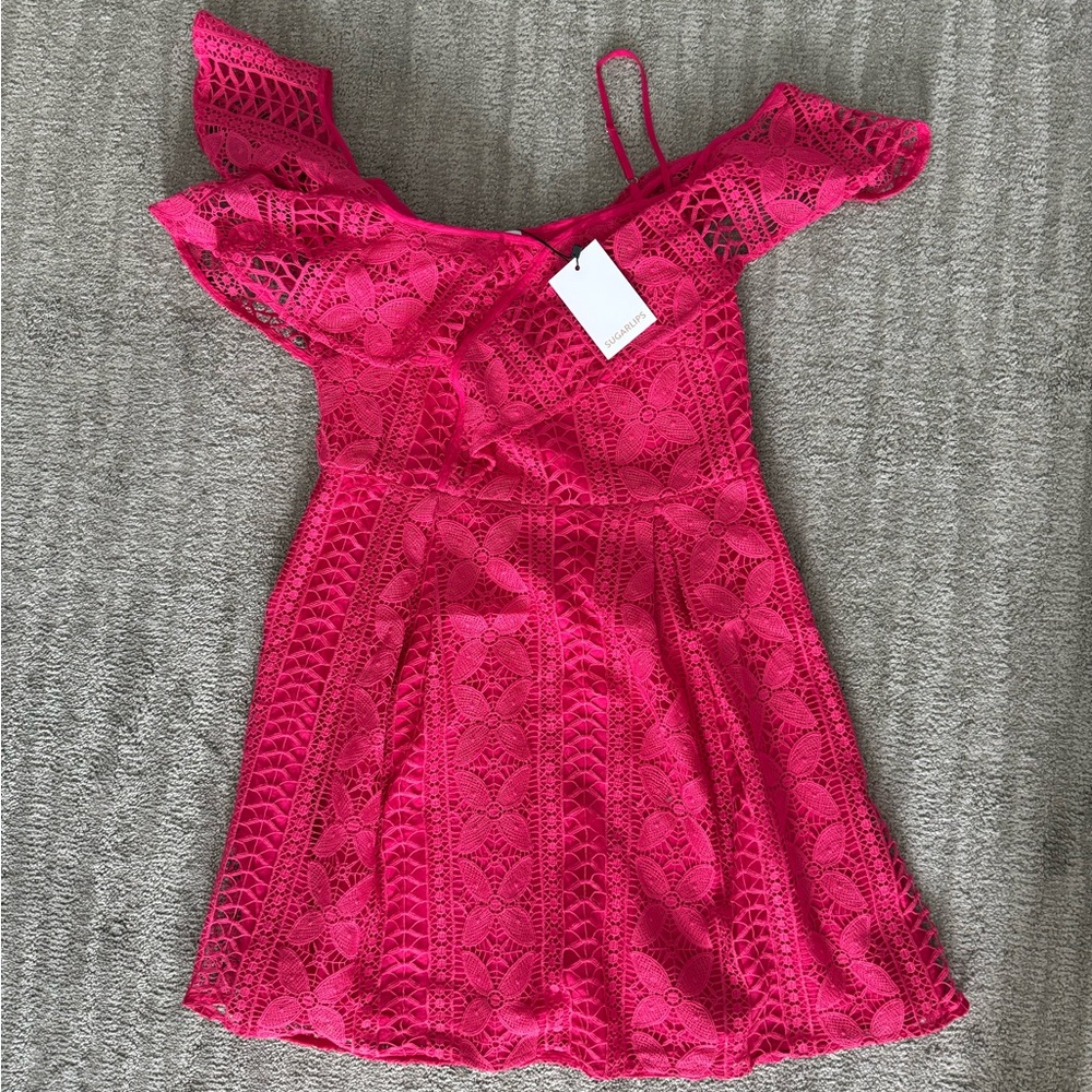 Ladies Fuchsia Lace Ruffle Shoulder Dress
